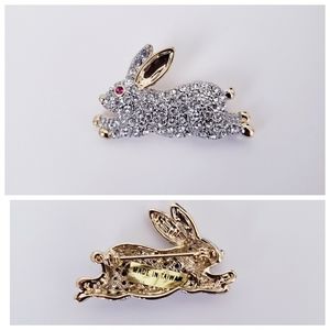 Gold Tone Rhinestone Running Rabbit Brooch